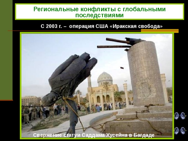 Региональные конфликты с глобальными последствиями С 2003 г. – операция США «Иракская свобода» Свержение статуи Саддама Хусейна в Багдаде 
