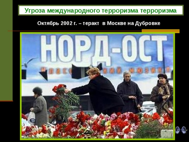 Угроза международного терроризма терроризма Октябрь 2002 г. – теракт в Москве на Дубровке 