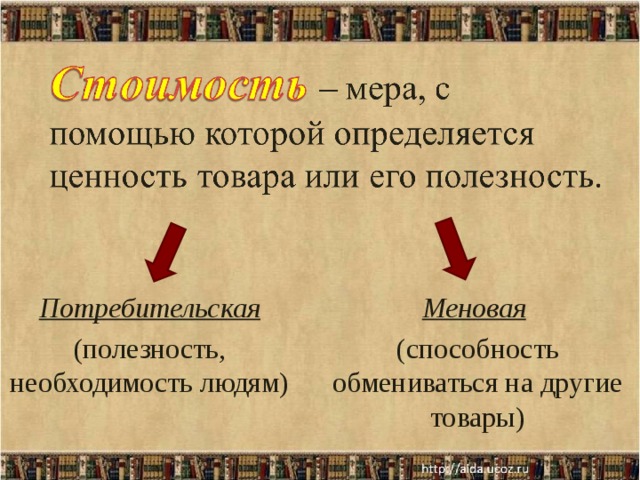 Меновая  (способность обмениваться на другие товары) Потребительская (полезность, необходимость людям) Картинка, шрифт стрелочки  