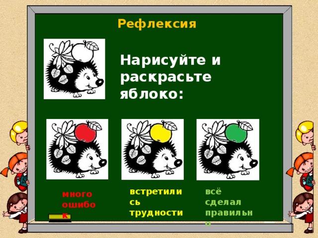 Рефлексия Нарисуйте и раскрасьте яблоко: всё сделал правильно встретились трудности много ошибок 