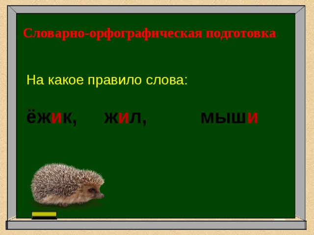 Словарно-орфографическая подготовка  На какое правило слова: ёж и к, ж и л, мыш и 