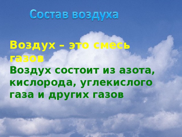 Воздух – это смесь газо в Воздух состоит из азота, кислорода, углекислого газа и других газов  