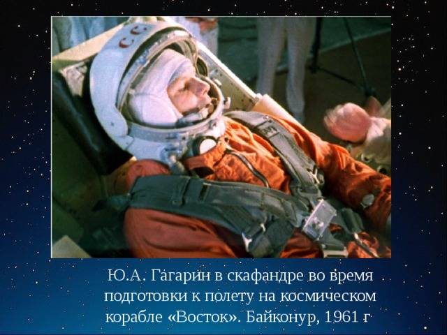 Ю.А. Гагарин в скафандре во время подготовки к полету на космическом корабле «Восток». Байконур, 1961 г 