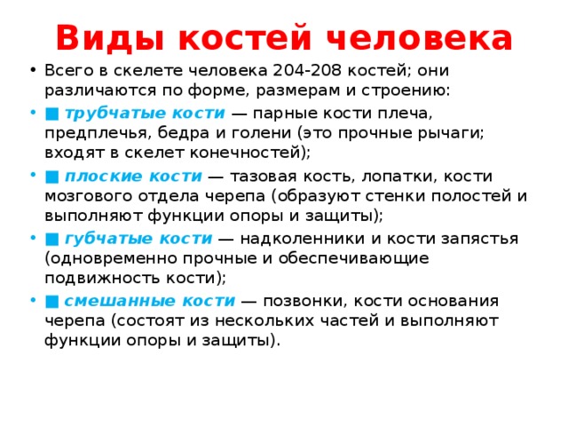 Виды костей человека Всего в скелете человека 204-208 костей; они различаются по форме, размерам и строению: ■  трубчатые кости   — парные кости плеча, предплечья, бедра и голени (это прочные рычаги; входят в скелет конечностей); ■  плоские кости  — тазовая кость, лопатки, кости мозгового отдела черепа (образуют стенки полостей и выполняют функции опоры и защиты); ■  губчатые кости  — надколенники и кости запястья (одновременно прочные и обеспечивающие подвижность кости); ■  смешанные кости  — позвонки, кости основания черепа (состоят из нескольких частей и выполняют функции опоры и защиты). 