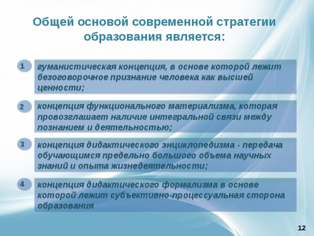 Концепция высшего образования. Современные стратегии образования. Гуманистическая стратегия образования. Гуманистическая стратегия образования дошкольников. Образованность как стратегическое преимущество личности.