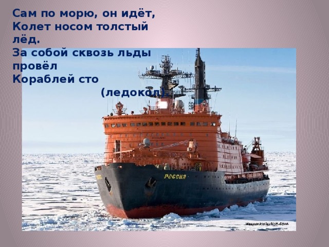 Сам по морю, он идёт, Колет носом толстый лёд. За собой сквозь льды провёл Кораблей сто  (ледокол). 