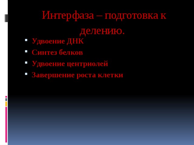 Интерфаза – подготовка к делению.     Удвоение ДНК Синтез белков Удвоение центриолей Завершение роста клетки 