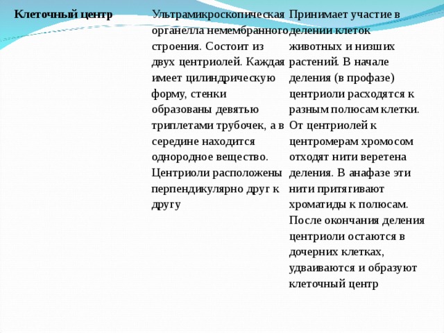 Клеточный центр Ультрамикроскопическая органелла немембранного строения. Состоит из двух центриолей. Каждая имеет цилиндрическую форму, стенки образованы девятью триплетами трубочек, а в середине находится однородное вещество. Центриоли расположены перпендикулярно друг к другу Принимает участие в делении клеток животных и низших растений. В начале деления (в профазе) центриоли расходятся к разным полюсам клетки. От центриолей к центромерам хромосом отходят нити веретена деления. В анафазе эти нити притягивают хроматиды к полюсам. После окончания деления центриоли остаются в дочерних клетках, удваиваются и образуют клеточный центр 
