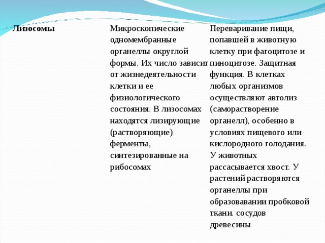 Лизосомы Микроскопические одномембранные органеллы округлой формы. Их число зависит от жизнедеятельности клетки и ее физиологического состояния. В лизосомах находятся лизирующие (растворяющие) ферменты, синтезированные на рибосомах Переваривание пищи, попавшей в животную клетку при фагоцитозе и пиноцитозе. Защитная функция. В клетках любых организмов осуществляют автолиз (саморастворение органелл), особенно в условиях пищевого или кислородного голодания. У животных рассасывается хвост. У растений растворяются органеллы при образовавании пробковой ткани. сосудов древесины 