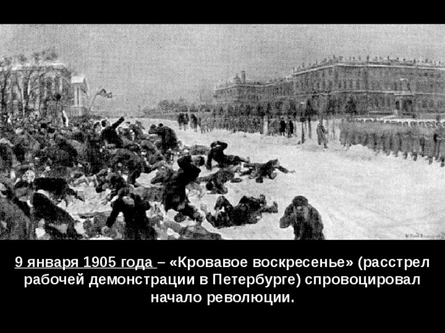 9 января 1905 года – «Кровавое воскресенье» (расстрел рабочей демонстрации в Петербурге) спровоцировал начало революции.