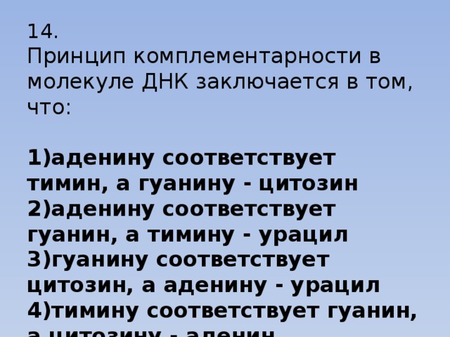  14.  Принцип комплементарности в молекуле ДНК заключается в том, что:   1)аденину соответствует тимин, а гуанину - цитозин  2)аденину соответствует гуанин, а тимину - урацил  3)гуанину соответствует цитозин, а аденину - урацил  4)тимину соответствует гуанин, а цитозину - аденин 