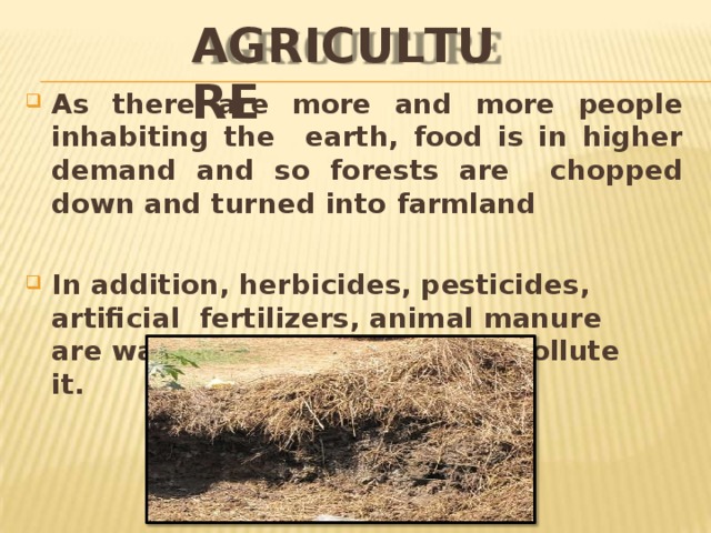A GRICU L TURE As there are more and more people inhabiting the earth, food is in higher demand and so forests are chopped down and turned into  farmland In addition, herbicides, pesticides, artificial fertilizers, animal manure are washed into the soil and pollute  it. 