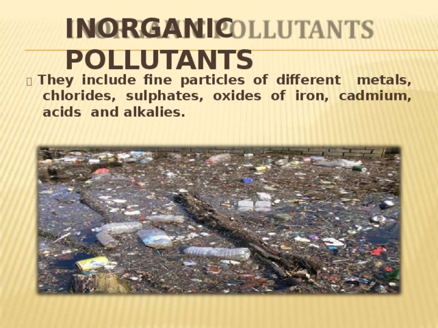 INORGANIC  POLLUTANTS   They include fine particles of different metals, chlorides, sulphates, oxides of iron, cadmium, acids and  alkalies. 