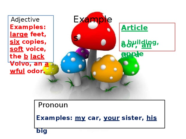 E x amples Adje c ti v e E x ample s :  la r g e  f ee t ,  six  c opies, s o ft  v oi c e,  t h e  b  lack  V ol v o ,  an a  w ful  odo r . Article oo r ,  an  apple a  buildin g ,  the  d P r onoun E x amples:  m y  ca r ,  y our si s t e r ,  his big mouth,  their  n e w  house,  our  decision . 