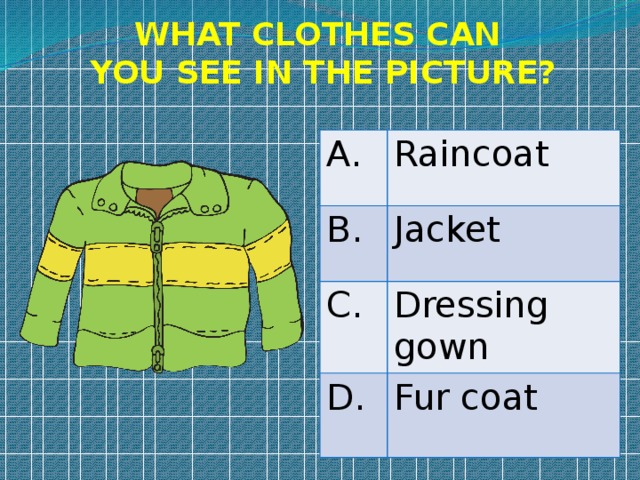 WHAT CLOTHES CAN YOU SEE IN THE PICTURE? A. Raincoat B.  Jacket C. Dressing gown D. Fur coat 