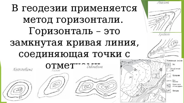 В геодезии применяется метод горизонтали. Горизонталь – это замкнутая кривая линия, соединяющая точки с отметками. 