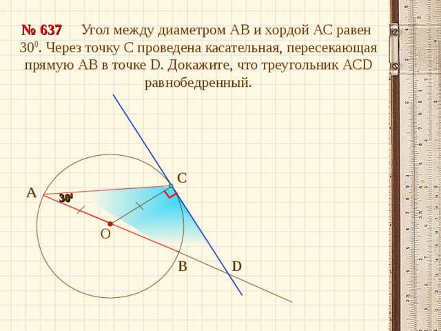  Угол между диаметром АВ и хордой АС равен 30 0 . Через точку С проведена касательная, пересекающая прямую АВ в точке D . Докажите, что треугольник АС D равнобедренный. № 637 С А 30 0 30 0  О В D 15 