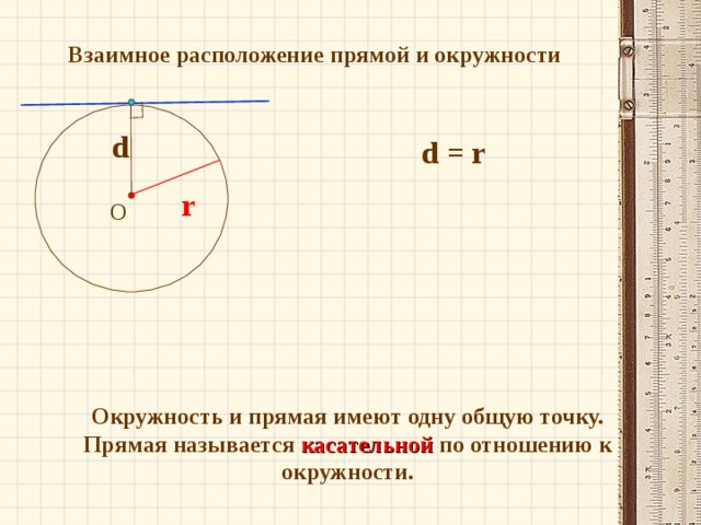 Взаимное расположение прямой и окружности d d = r r О Окружность и прямая имеют одну общую точку. Прямая называется касательной  по отношению к окружности. 8 