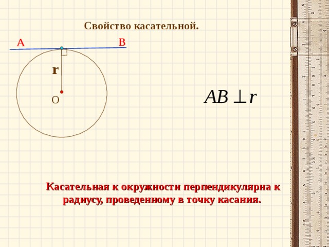 Свойство касательной. В А r О Касательная к окружности перпендикулярна к радиусу, проведенному в точку касания. 9 