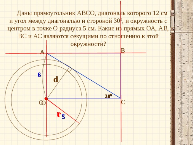  Даны прямоугольник АВСО, диагональ которого 12 см и угол между диагональю и стороной 30 0 , и окружность с центром в точке О радиуса 5 см. Какие из прямых ОА, АВ, ВС и АС являются секущими по отношению к этой окружности? В А 6 d 30 0 С  О  О r r 5 10 