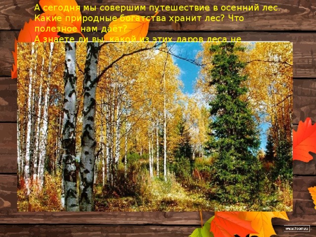 А сегодня мы совершим путешествие в осенний лес. Какие природные богатства хранит лес? Что полезное нам даёт? А знаете ли вы, какой из этих даров леса не является ни растением, ни животным? Познакомимся с новым видом текста.    