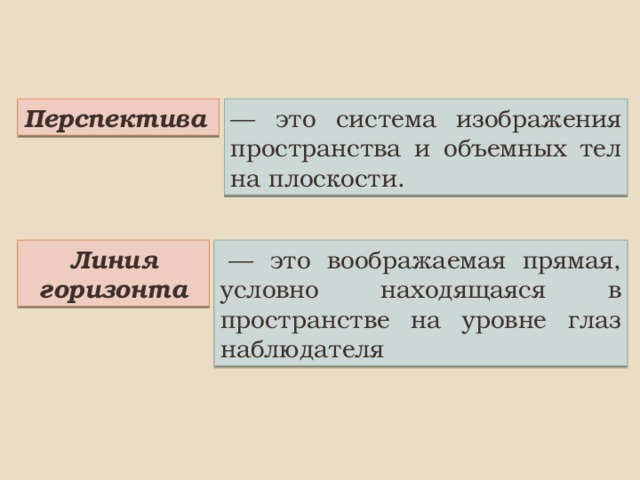 — это система изображения пространства и объемных тел на плоскости. Перспектива  — это воображаемая прямая, условно находящаяся в пространстве на уровне глаз наблюдателя Линия горизонта