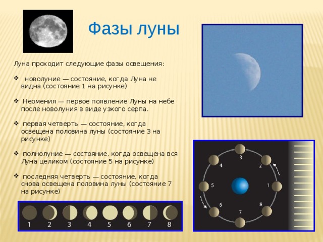 Фазы луны Луна проходит следующие фазы освещения:  новолуние — состояние, когда Луна не видна (состояние 1 на рисунке)  Неомения — первое появление Луны на небе после новолуния в виде узкого серпа.  первая четверть — состояние, когда освещена половина луны (состояние 3 на рисунке)  полнолуние — состояние, когда освещена вся Луна целиком (состояние 5 на рисунке)  последняя четверть — состояние, когда снова освещена половина луны (состояние 7 на рисунке) 