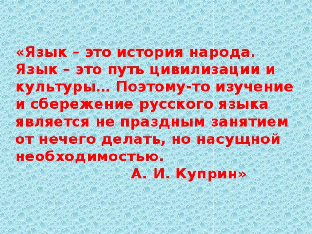 «Язык – это история народа.  Язык – это путь цивилизации и культуры… Поэтому-то изучение и сбережение русского языка является не праздным занятием от нечего делать, но насущной необходимостью.  А. И. Куприн»