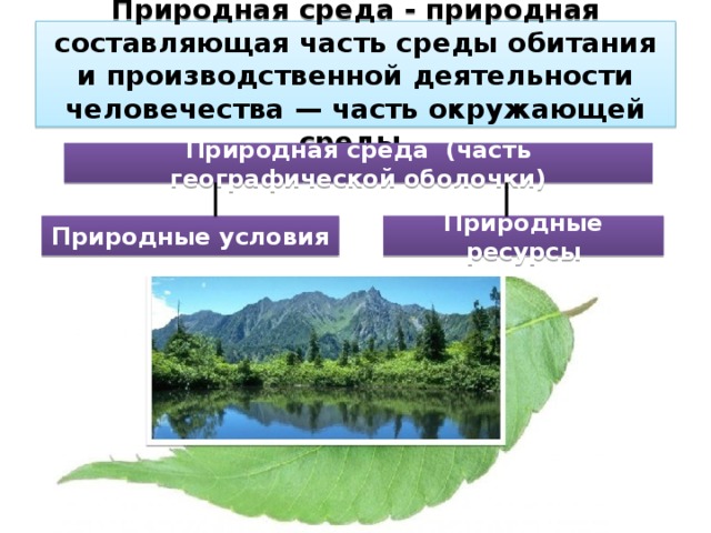 Природная среда - природная составляющая часть среды обитания и производственной деятельности человечества — часть окружающей среды. Природная среда (часть географической оболочки) Природные условия Природные ресурсы 