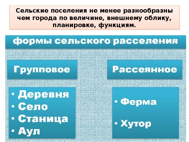 Сельские поселения не менее разнообразны чем города по величине, внешнему облику, планировке, функциям. 