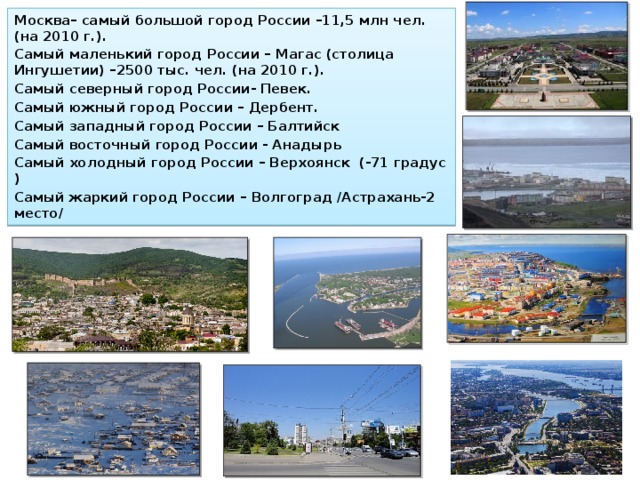 Москва– самый большой город России –11,5 млн чел. (на 2010 г.). Самый ма­ленький город России – Магас (столица Ингушетии) –2500 тыс. чел. (на 2010 г.). Самый северный город России- Певек. Самый южный город России – Дербент. Самый западный город России – Балтийск Самый восточный город России - Анадырь Самый холодный город России – Верхоянск (-71 градус ) Самый жаркий город России – Волгоград /Астрахань-2 место/ 