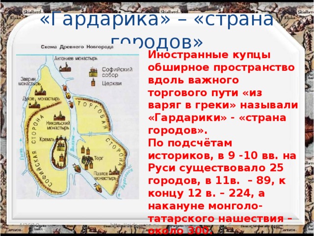 «Гардарика» – «страна городов» Иностранные купцы обширное пространство вдоль важного торгового пути «из варяг в греки» называли «Гардарики» - «страна городов». По подсчётам историков, в 9 -10 вв. на Руси существовало 25 городов, в 11в. – 89, к концу 12 в. – 224, а накануне монголо-татарского нашествия – около 300. 4/26/18 http://aida.ucoz.ru  