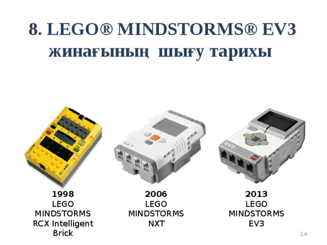 8. LEGO® MINDSTORMS® EV3 жинағының шығу тарихы 2013 2006 LEGO MINDSTORMS EV3 LEGO MINDSTORMS NXT 1998 LEGO MINDSTORMS RCX Intelligent Brick  