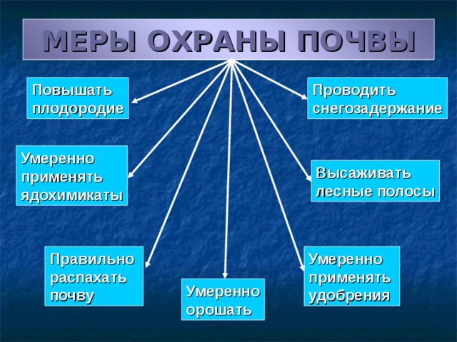 МЕРЫ ОХРАНЫ ПОЧВЫ Повышать плодородие Проводить снегозадержание Умеренно применять ядохимикаты Высаживать лесные полосы Умеренно применять удобрения Правильно распахать почву Умеренно орошать 