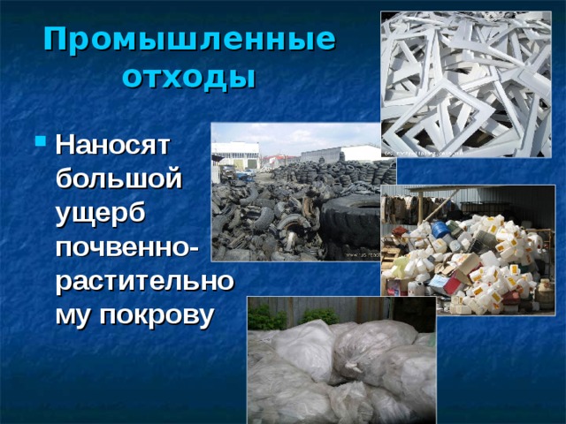 Промышленные отходы Наносят большой ущерб почвенно-растительному покрову   