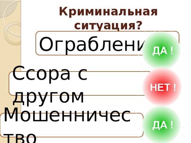 Криминальная ситуация? Ограбление Ссора с другом Мошенничество 