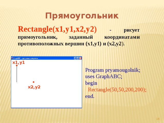 Прямоугольник Rectangle(x1,y1,x2,y2)  -  рисует прямоугольник, заданный координатами противоположных вершин (x1,y1) и (x2,y2 ). x1,y1 Program pryamougolnik; uses GraphABC; begin  Rectangle(50,50,200,200); end. x2,y2  