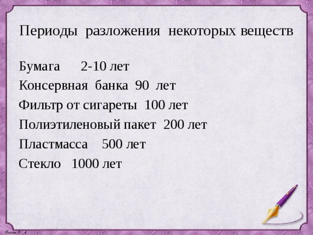 Периоды разложения некоторых веществ Бумага 2-10 лет Консервная банка 90 лет Фильтр от сигареты 100 лет Полиэтиленовый пакет 200 лет Пластмасса 500 лет Стекло 1000 лет 