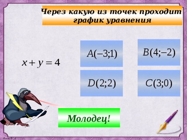 Через какую из точек проходит график уравнения Молодец! Ні  