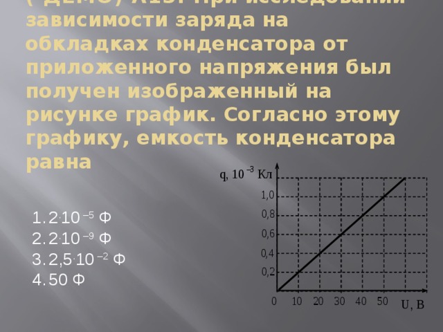 ( ДЕМО) А15. При исследовании зависимости заряда на обкладках конденсатора от приложенного напряжения был получен изображенный на рисунке график. Согласно этому графику, емкость конденсатора равна 2 . 10 –5 Ф 2 . 10 –9 Ф 2,5 . 10 –2 Ф 50 Ф 