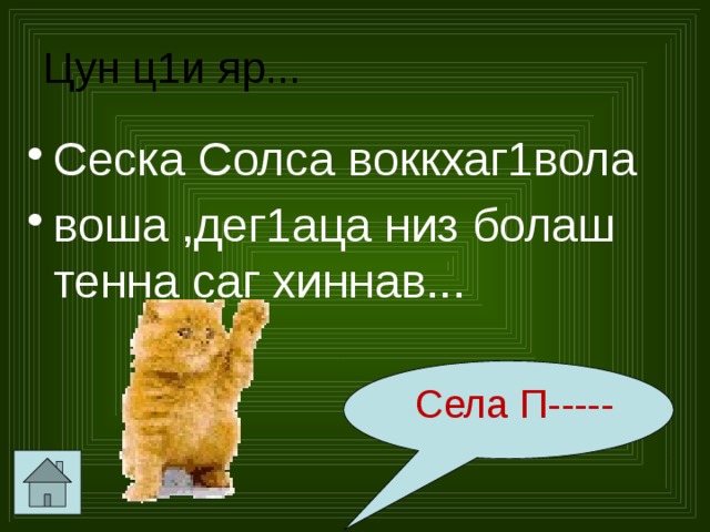 Цун ц1и яр... Сеска Солса воккхаг1вола воша ,дег1аца низ болаш тенна саг хиннав...  Села П----- 