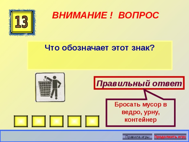 Бросать мусор в ведро, урну, контейнер  ВНИМАНИЕ ! ВОПРОС Что обозначает этот знак? Правильный ответ Правила игры Продолжить игру 