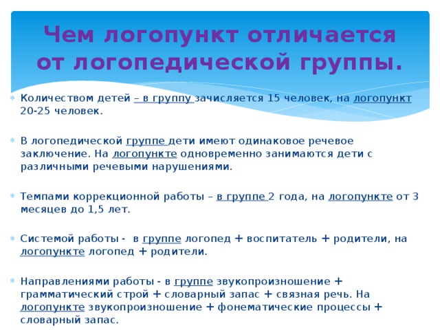 Логопед сколько часов ставка. Количество детей в группах логопедических садов. Родительское собрание логопедической группы. Отличия логопункта от логопедической группы. Логопедический пункт.