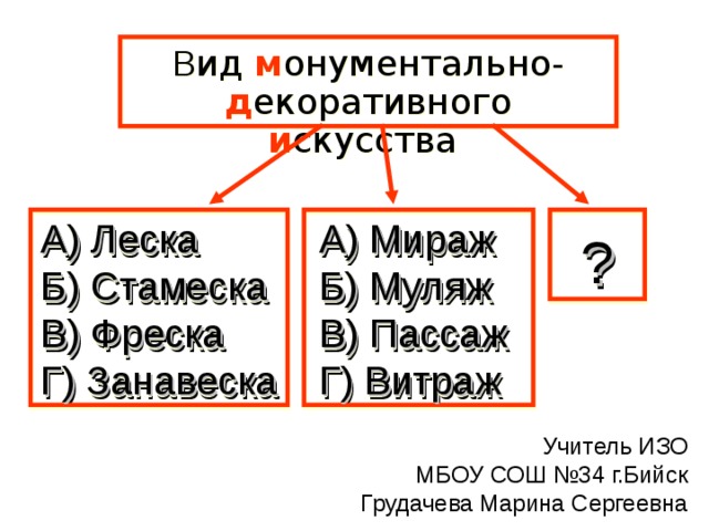 В ид м онументально- д екоративного и скусства  А) Леска Б) Стамеска В) Фреска Г) Занавеска ? А) Мираж Б) Муляж В) Пассаж Г) Витраж Сформулируйте тему урока Учитель ИЗО МБОУ СОШ №34 г.Бийск Грудачева Марина Сергеевна 