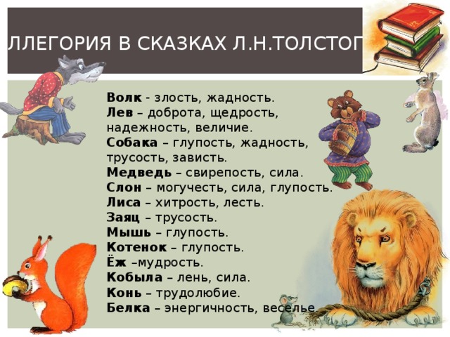 АЛЛЕГОРИЯ В СКАЗКАХ Л.Н.ТОЛСТОГО Волк - злость, жадность. Лев – доброта, щедрость, надежность, величие. Собака – глупость, жадность, трусость, зависть. Медведь – свирепость, сила. Слон – могучесть, сила, глупость. Лиса – хитрость, лесть. Заяц – трусость. Мышь – глупость. Котенок – глупость. Ёж –мудрость. Кобыла – лень, сила. Конь – трудолюбие. Белка – энергичность, веселье. 