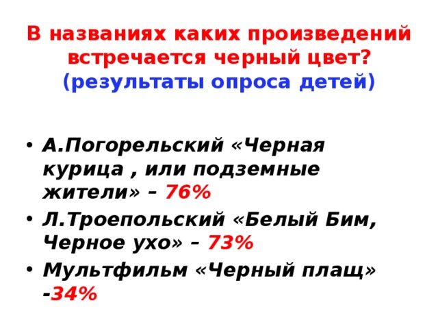 В названиях каких произведений встречается черный цвет?  (результаты опроса детей) А.Погорельский «Черная курица , или подземные жители» – 76% Л.Троепольский «Белый Бим, Черное ухо» – 73% Мультфильм «Черный плащ» - 34% 