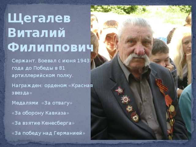 Щегалев  Виталий  Филиппович Сержант. Воевал с июня 1943 года до Победы в 81 артиллерийском полку. Награжден: орденом «Красная звезда» Медалями «За отвагу» «За оборону Кавказа» «За взятие Кенесберга» «За победу над Германией» 