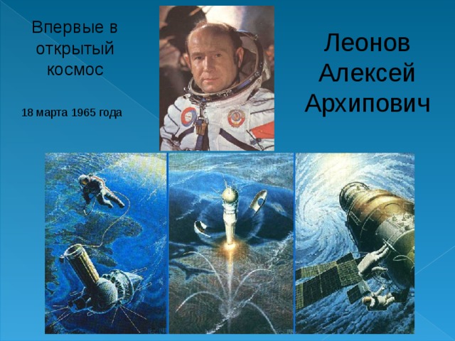 Впервые в открытый космос Леонов Алексей Архипович 18 марта 1965 года  