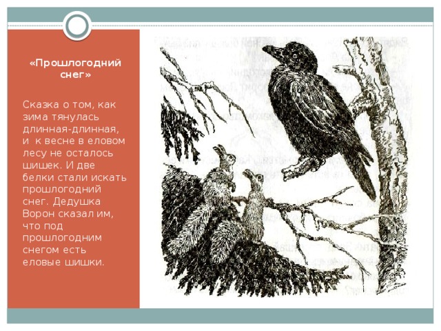 «Прошлогодний снег» Сказка о том, как зима тянулась длинная-длинная, и к весне в еловом лесу не осталось шишек. И две белки стали искать прошлогодний снег. Дедушка Ворон сказал им, что под прошлогодним снегом есть еловые шишки. 