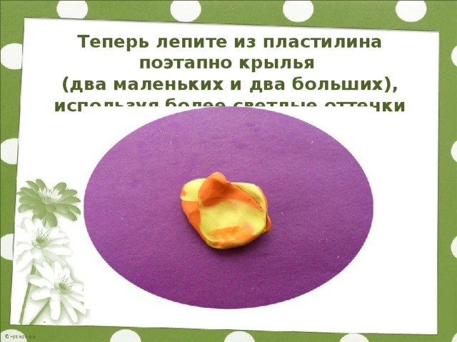 Теперь лепите из пластилина поэтапно крылья  (два маленьких и два больших), используя более светлые оттенки (желтый и оранжевый)